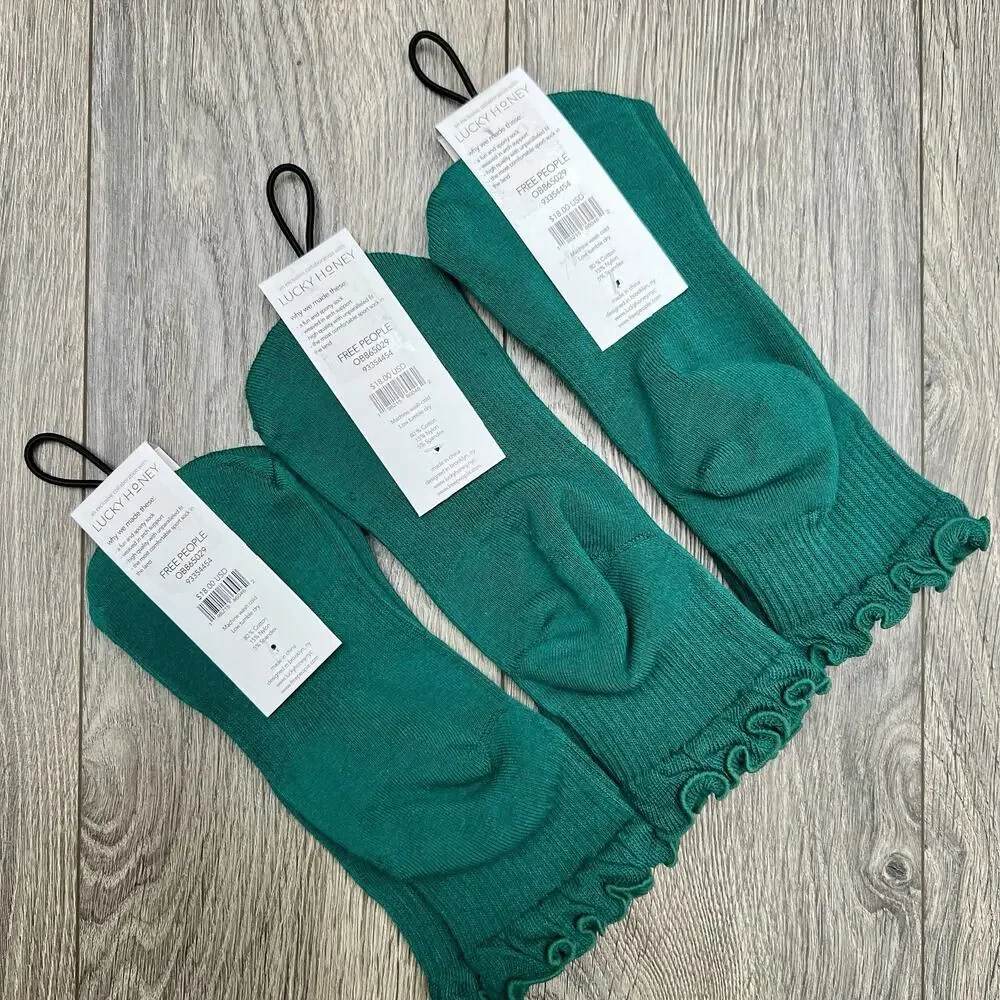 3 Pack Free People Movement Ruffle Sport Sock Green Ankle Lucky Honey